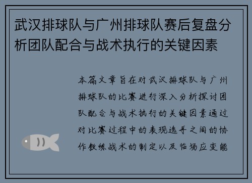 武汉排球队与广州排球队赛后复盘分析团队配合与战术执行的关键因素